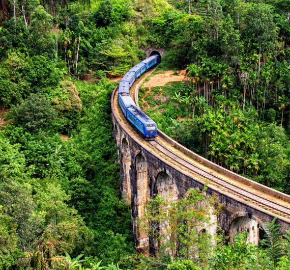 Train entering the Nine Arches Bridge in Ella